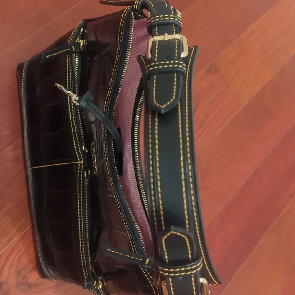 Dooney & Bourke Black Croc-Embossed Hobo Bag With Gold Hardware Like New